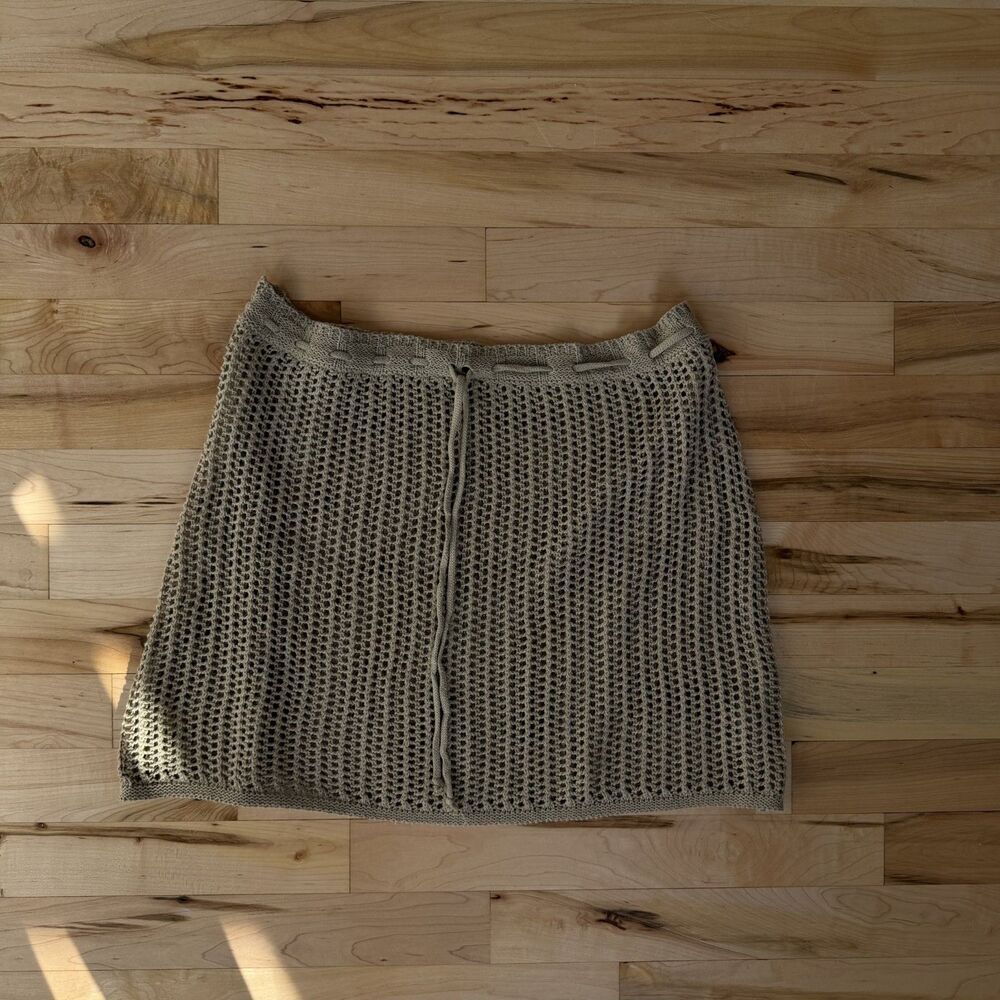 Coastal Crochet Knit Mini Skirt Taupe Drawstring Beach Cover Up